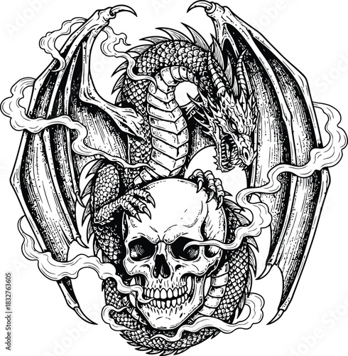 Intricate dark line drawing of a mysterious mythical creature on a black background