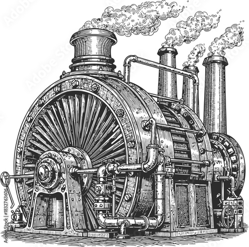 Industrial steam engine silhouette with smoking chimneys representing vintage factory power