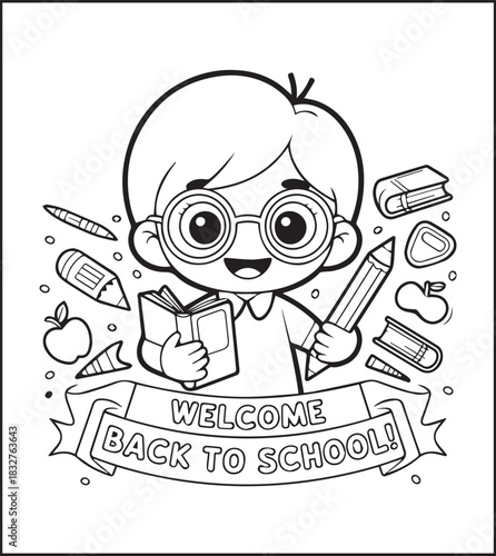 A cute teacher with eyeglass with doodle elements and Welcome Back to School text vector line art illustration coloring page for kids, Educational coloring book