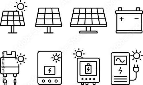 Solar energy system icons set. Panels, battery, inverter, electricity outline vector illustrations