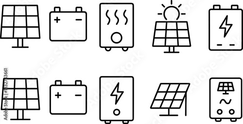 Solar energy system icons set. Panels, battery, inverter, electricity outline vector illustrations