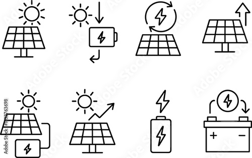 Solar energy system icons set. Panels, battery, inverter, electricity outline vector illustrations