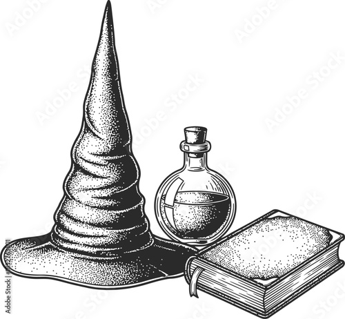 Magic wizard hat potion bottle and ancient tome for witchcraft and fantasy themes