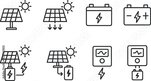 Solar energy system icons set. Panels, battery, inverter, electricity outline vector illustrations