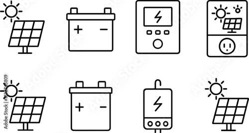 Solar energy system icons set. Panels, battery, inverter, electricity outline vector illustrations