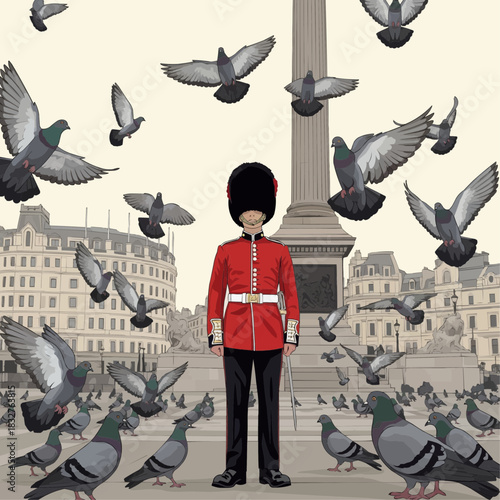 vector art of a British Royal Guard surrounded by gently flying pigeons in Trafalgar Square