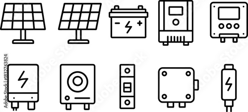 Solar energy system icons set. Panels, battery, inverter, electricity outline vector illustrations