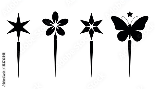 Four black silhouette decorative elements star flower star butterfly on white background vector
