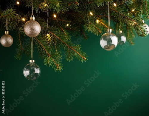 Christmas tree with glass balls and lights on a deep green background with copy space.