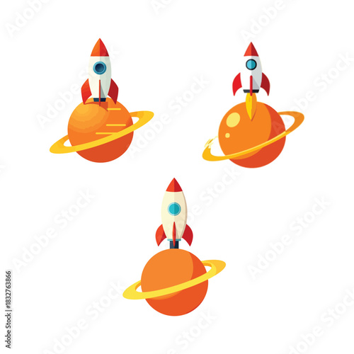 Modern flat style rocket taking off from planetary surface with orbit ring space graphic