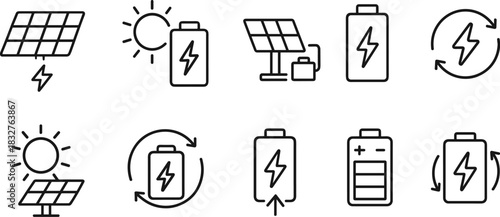 Solar energy system icons set. Panels, battery, inverter, electricity outline vector illustrations