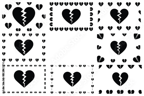 Black broken heart icons scattered and in frames love