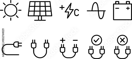 Solar energy system icons set. Panels, battery, inverter, electricity outline vector illustrations