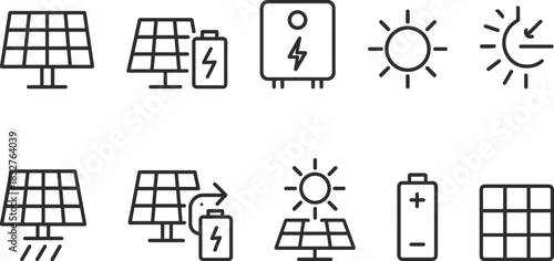 Solar energy system icons set. Panels, battery, inverter, electricity outline vector illustrations