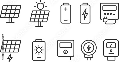 Solar energy system icons set. Panels, battery, inverter, electricity outline vector illustrations