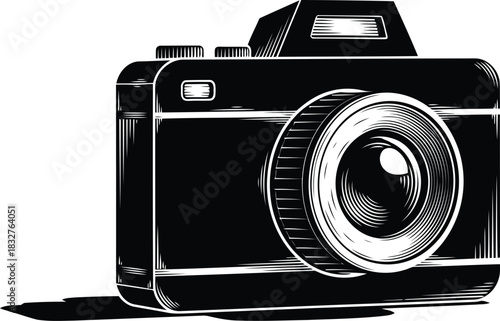 Minimalist camera icon in dark tones suitable for digital and media projects