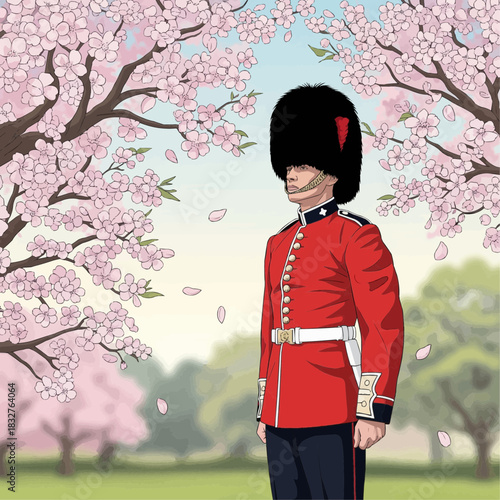 vector illustration of a British Royal Guard standing beside blooming cherry trees in spring