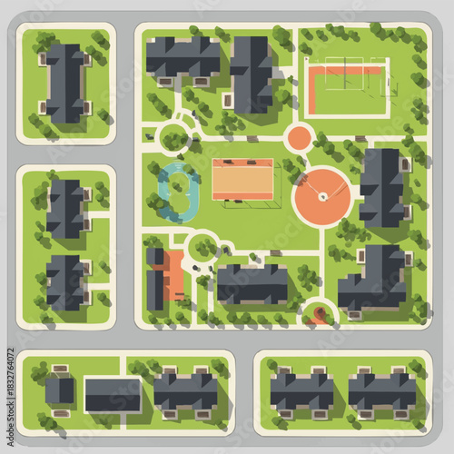 An illustrated aerial view showcases a meticulously planned residential community with buildings, green spaces, and recreational areas, offering a modern urban design.