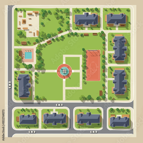 A detailed vector illustration showcases a top-down view of a modern urban residential neighborhood with various amenities like parks and sports facilities.