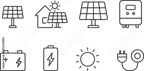 Solar energy system icons set. Panels, battery, inverter, electricity outline vector illustrations