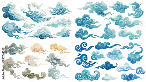 A soft watercolor collection of cloud motifs featuring flowing shapes, airy swirls, and gentle tones ideal for decorative design, fantasy themes, and atmospheric artwork.