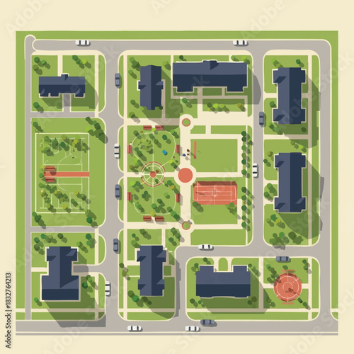 An aerial vector illustration of a modern town plan featuring buildings, roads, green spaces, and recreational areas with a clean design.