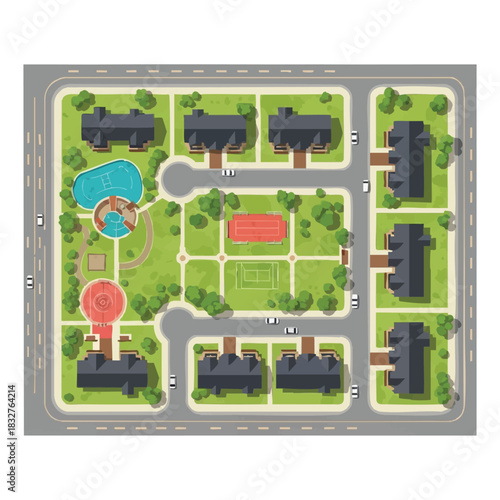 An aerial view showcases a meticulously planned residential community with houses, recreational amenities, and well-maintained green spaces, illustrating urban planning.