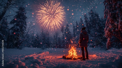 Man watching fireworks by campfire in snowy winter landscape at nighttime