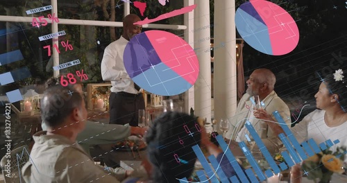 Host uncorking wine and speaking, animated charts rising over table, guests toasting business win