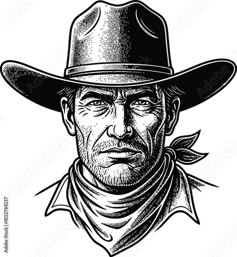 Mysterious cowboy portrait with a classic hat and bandana in a dark outline