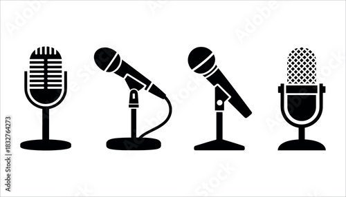 Four black silhouette microphones on white background audio sound