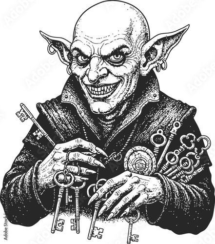 Mysterious goblin creature with large ears and a sinister smile clutching vintage keys