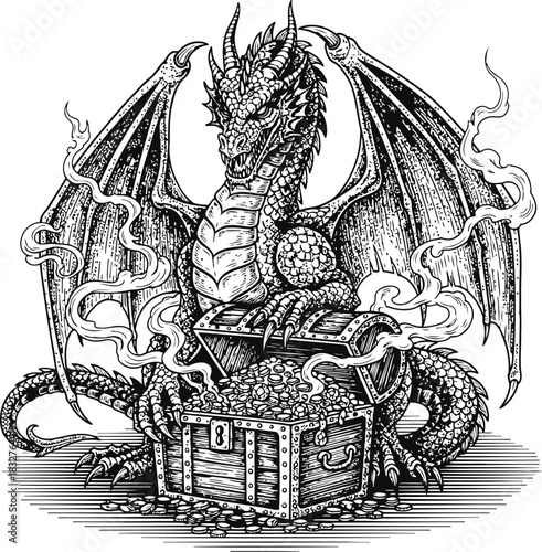 Mythical winged creature with tentacles emerging from a dark fortress structure