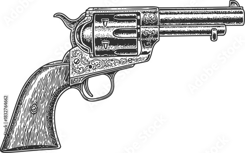 Old western revolver silhouette with vintage grunge effect on black background