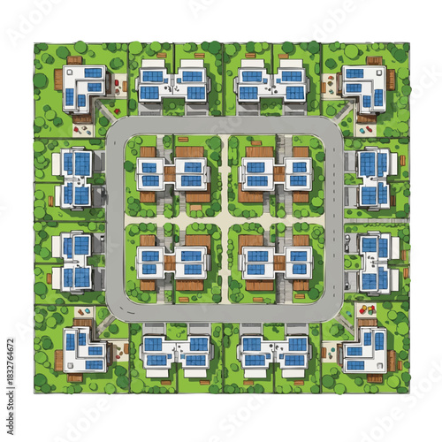 Aerial view of a modern residential community, showcasing sustainable living with solar panels on rooftops and green spaces for an eco-friendly environment.
