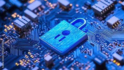 Cyber Security Concept Padlock on Circuit Board for Data Protection