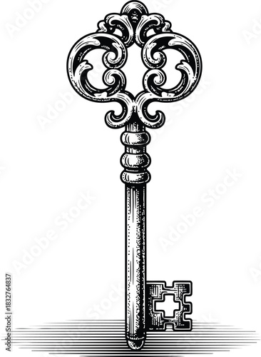 Ornate vintage skeleton key with intricate details against a dark black background
