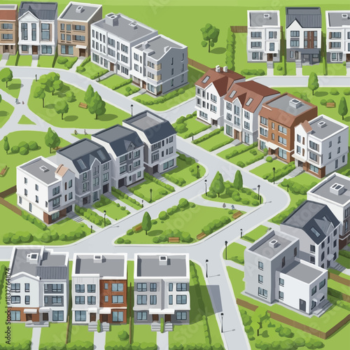 An aerial illustration of a modern residential neighborhood showcasing various houses, green spaces, and well-designed streets, perfect for real estate.