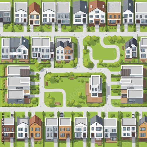 An aerial view showcases a meticulously planned residential neighborhood with diverse houses, lush green spaces, and a sense of community living.
