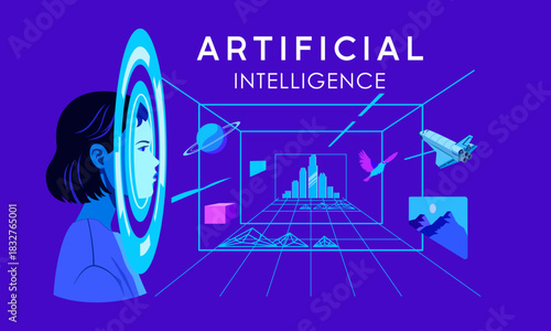 Girl enters learning mode artificial intelligence digital data future vector background