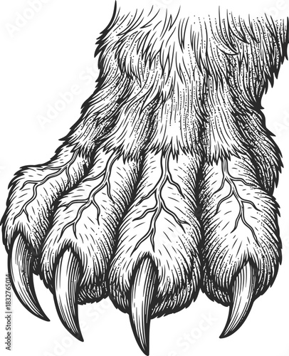 Paw of a wild animal with sharp claws, featuring a furry texture and dark tones on black