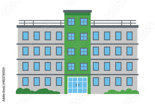 A modern, multi-story building with a green central facade and numerous windows.