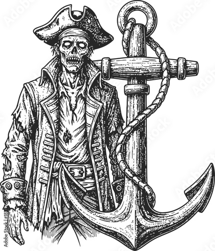 Pirate captain standing next to a large ship anchor in monochromatic vintage illustration