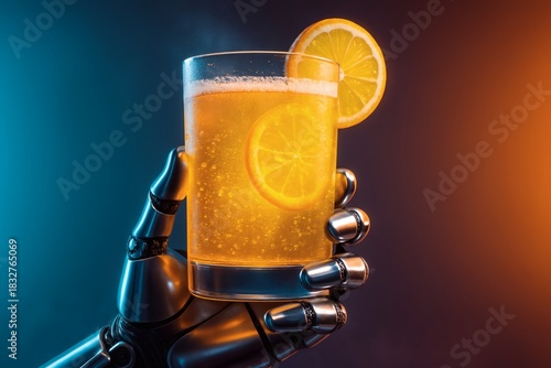 Robot hand holding a glass of orange juice with a slice of orange on it