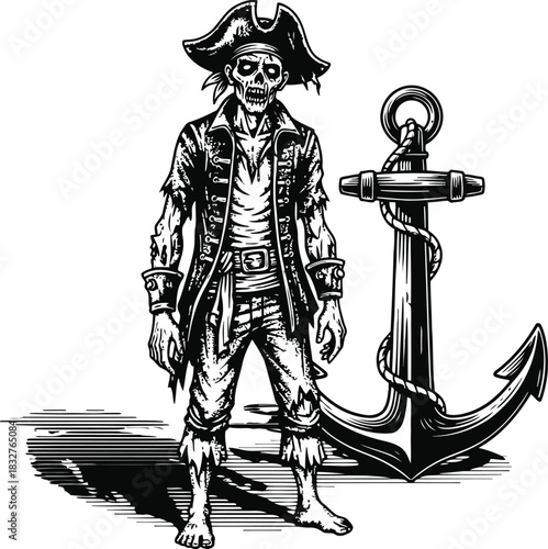 Pirate silhouette standing next to a large anchor, evoking adventure and maritime history.