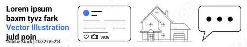 Social media, real estate, communication, digital interaction, online connections, marketing tools. Minimalist design a social media layout, a house and a speech bubble. Social media and real estate