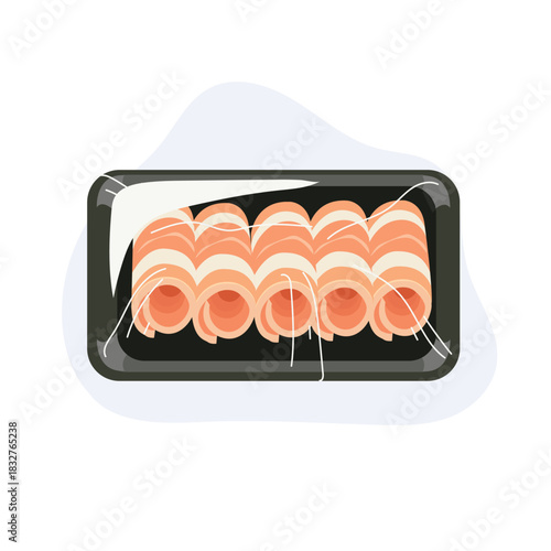 fresh rolled pork slices raw meat in black food tray covered with film