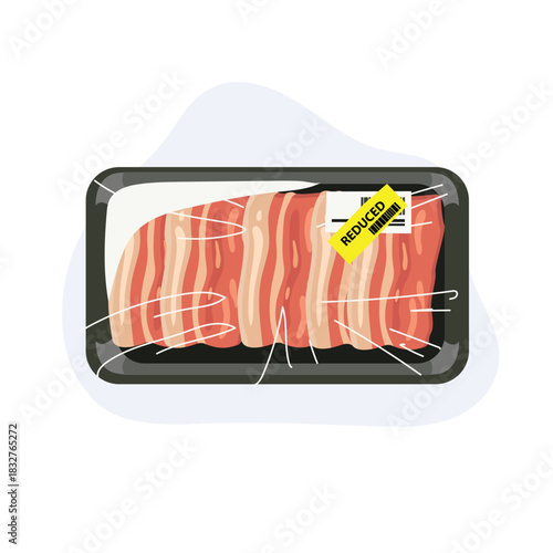 Fresh pork belly bacon in black food tray with reduced price tag supermarket meat