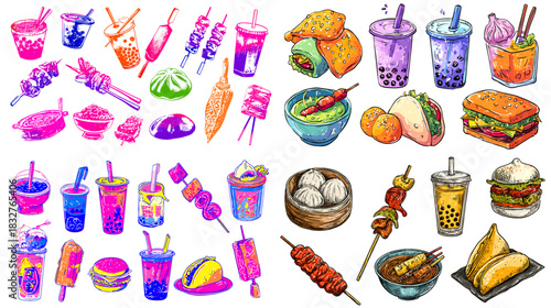 A vibrant collection of street food and drinks featuring skewers, noodles, dim sum, burgers, and bubble tea, illustrated in bold artistic colors perfect for culinary and snack themes.