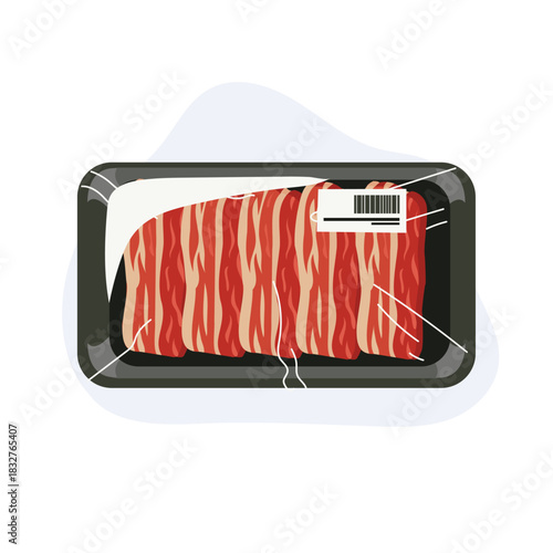 raw meat sliced beef in packaged meat tray with cling wrap and barcode label for supermarket and grocery food